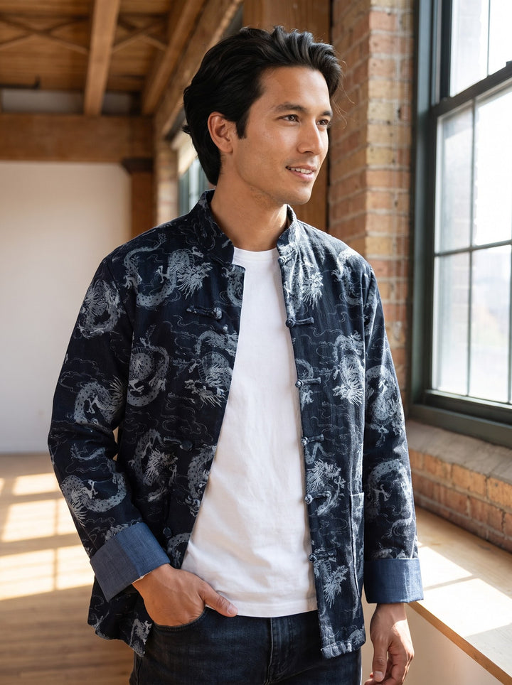 Dragon Jacquard Denim Tang Jacket 龙纹提花纯棉牛仔唐装 – model photo