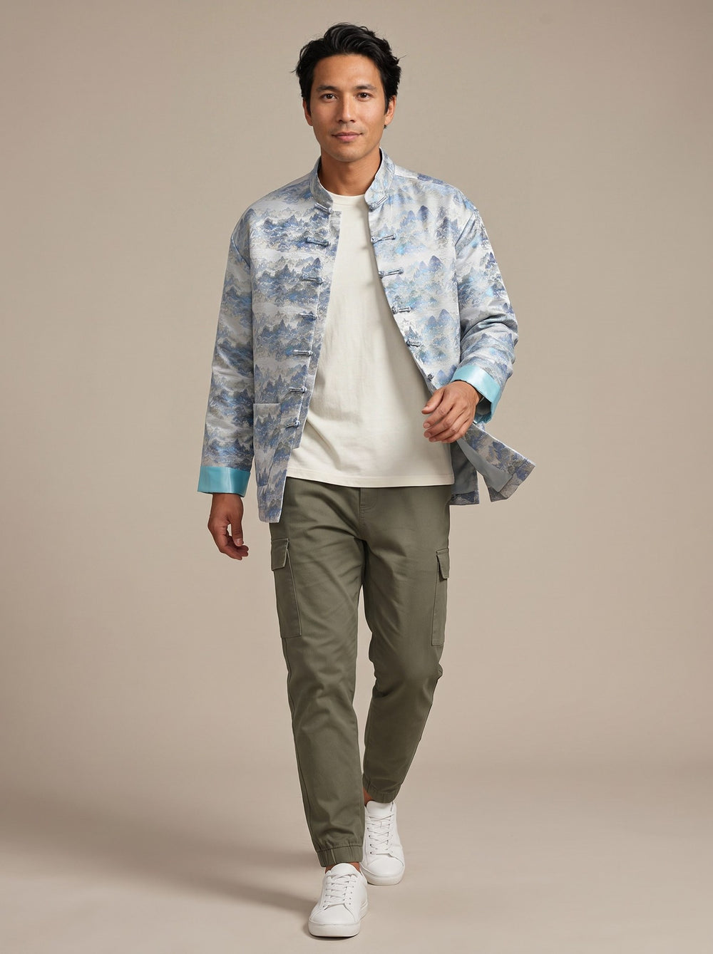 Mountain & River Tang Jacket 山水印花唐装外套 – model photo