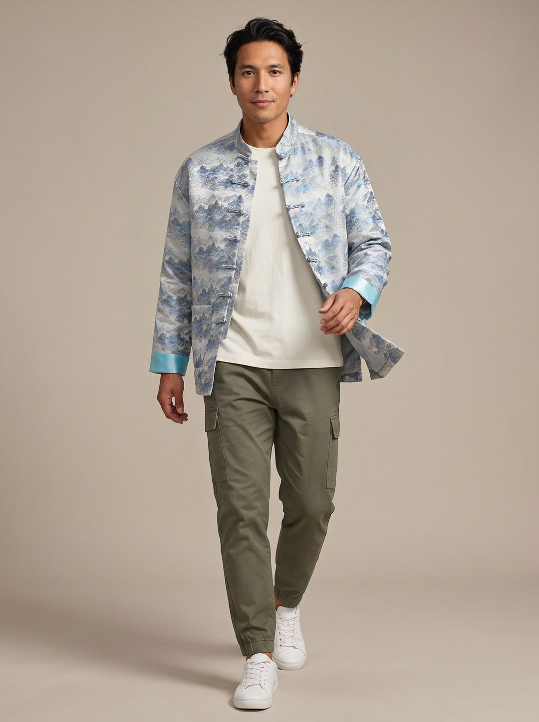 Mountain & River Tang Jacket 山水印花唐装外套 – model photo