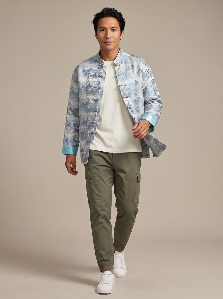 Mountain & River Tang Jacket 山水印花唐装外套 – model photo