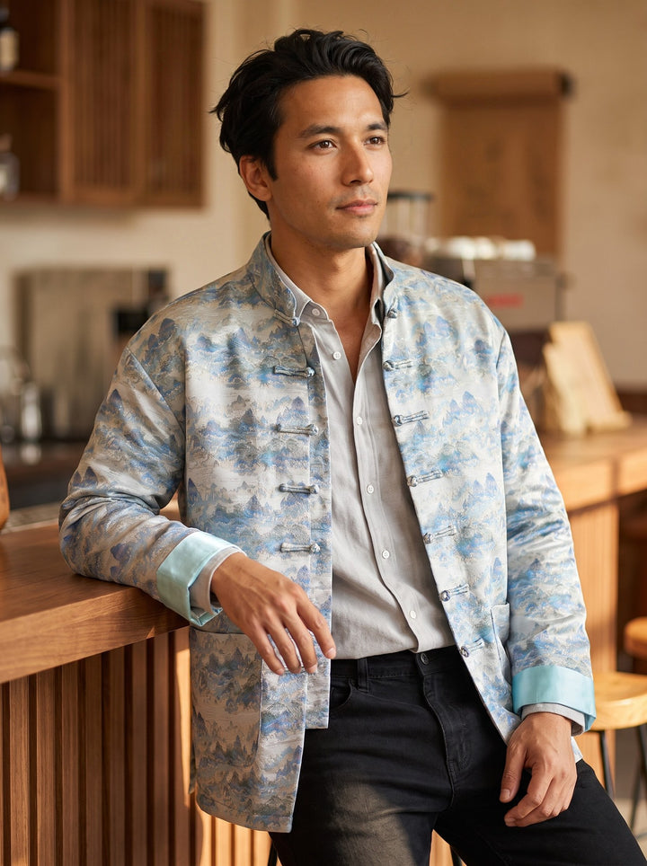 Mountain & River Tang Jacket 山水印花唐装外套 – model photo