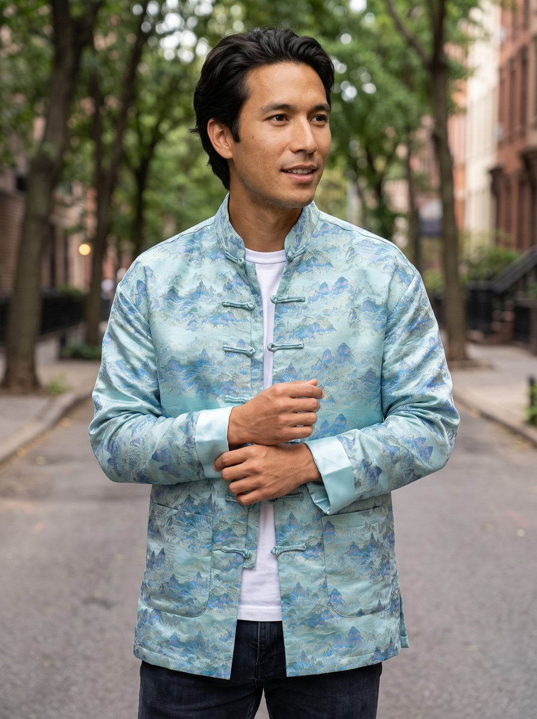 Mountain & River Tang Jacket 山水印花唐装外套 – model photo