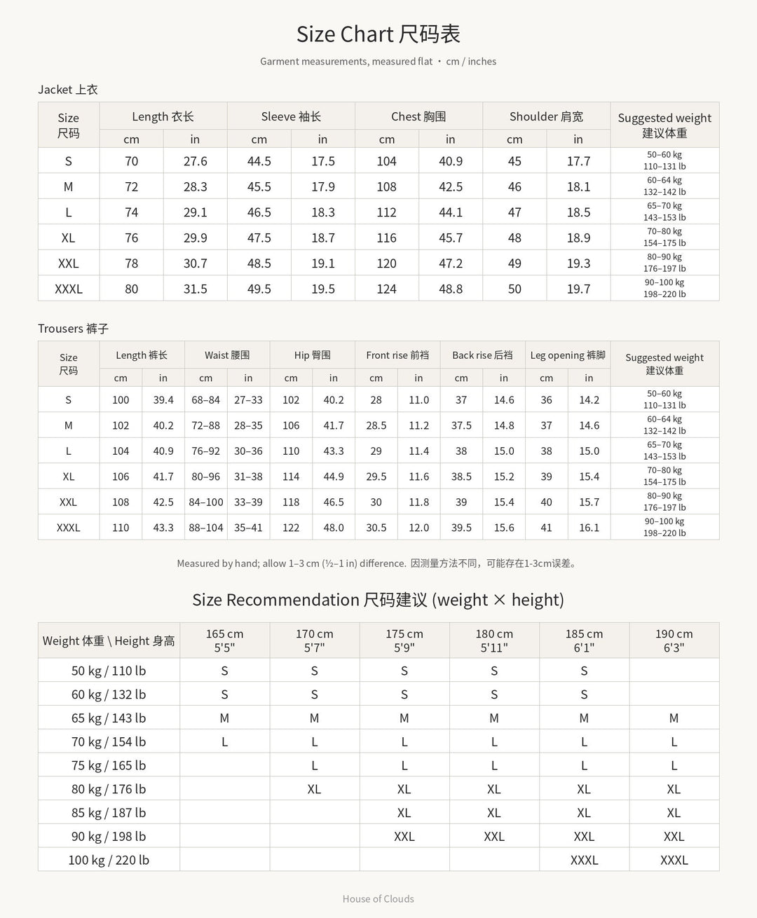 Zhongshan Tang Suit Set 中山装唐装套装 – size chart
