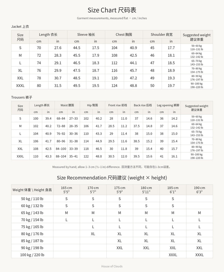 Zhongshan Tang Suit Set 中山装唐装套装 – size chart