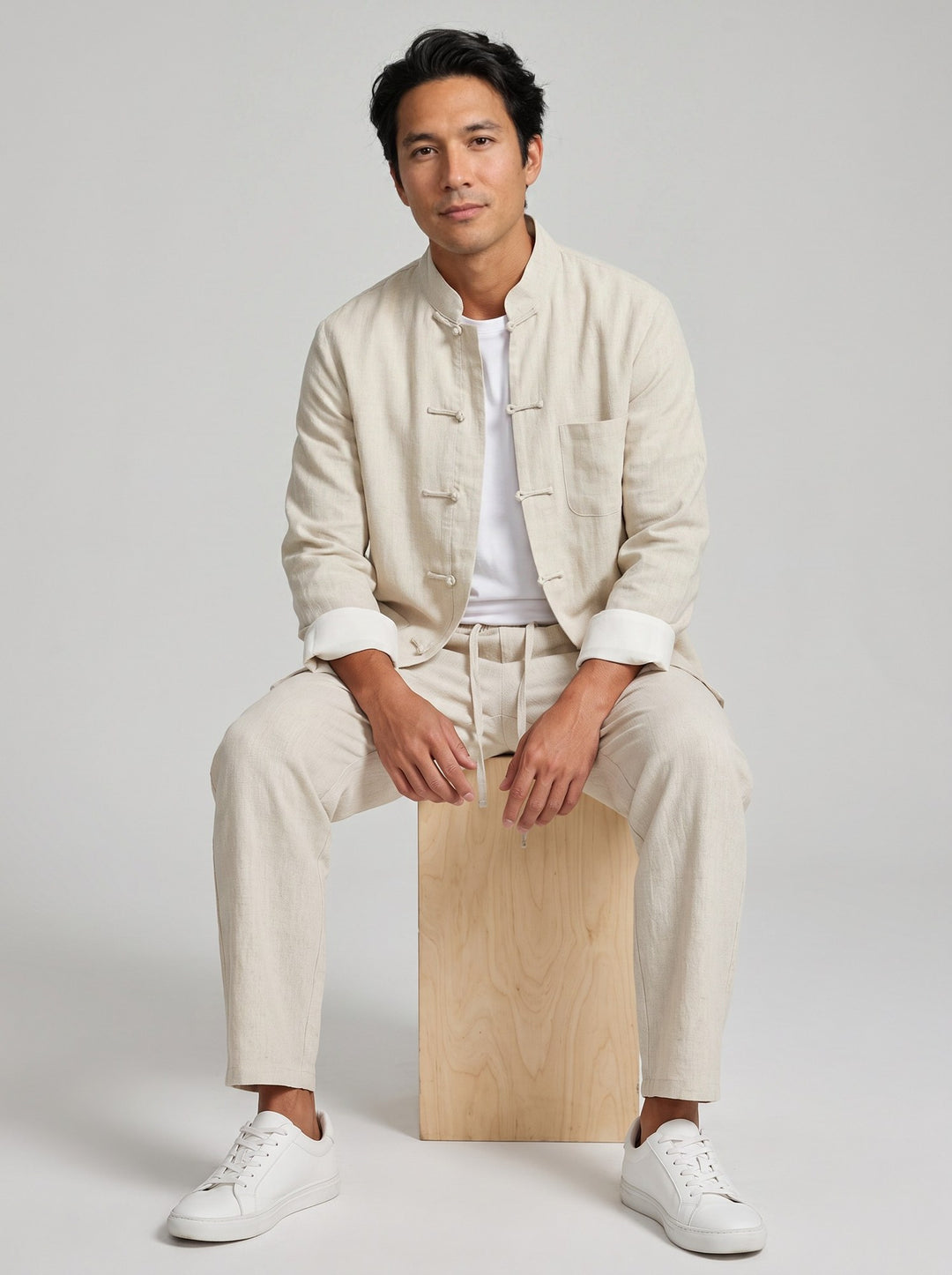 Pure Linen Tang Suit Two-Piece Set 纯亚麻唐装两件套 – model photo