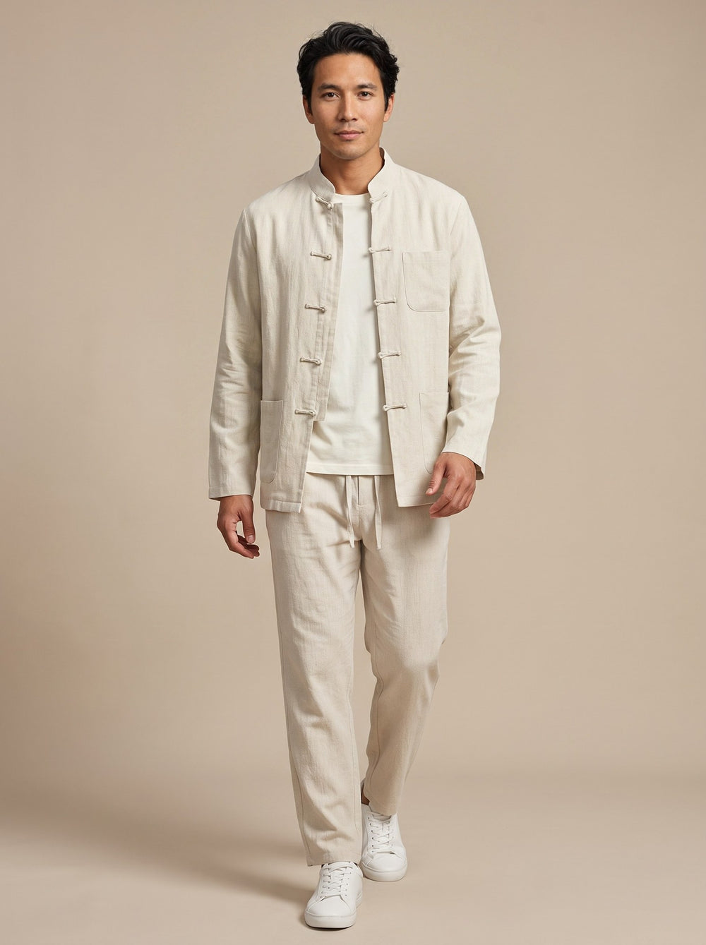 Pure Linen Tang Suit Two-Piece Set 纯亚麻唐装两件套 – model photo