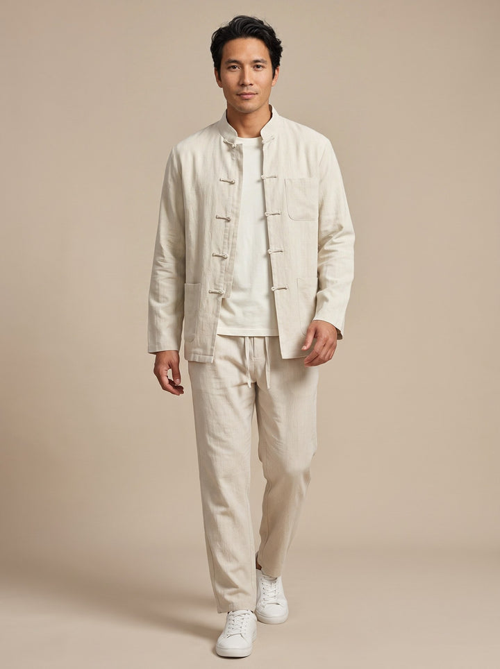 Pure Linen Tang Suit Two-Piece Set 纯亚麻唐装两件套 – model photo