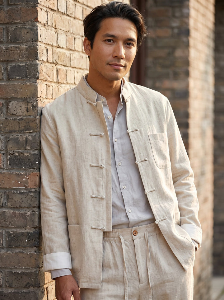 Pure Linen Tang Suit Two-Piece Set 纯亚麻唐装两件套 – model photo