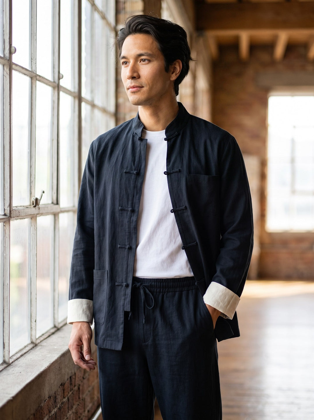 Pure Linen Tang Suit Two-Piece Set 纯亚麻唐装两件套 – model photo