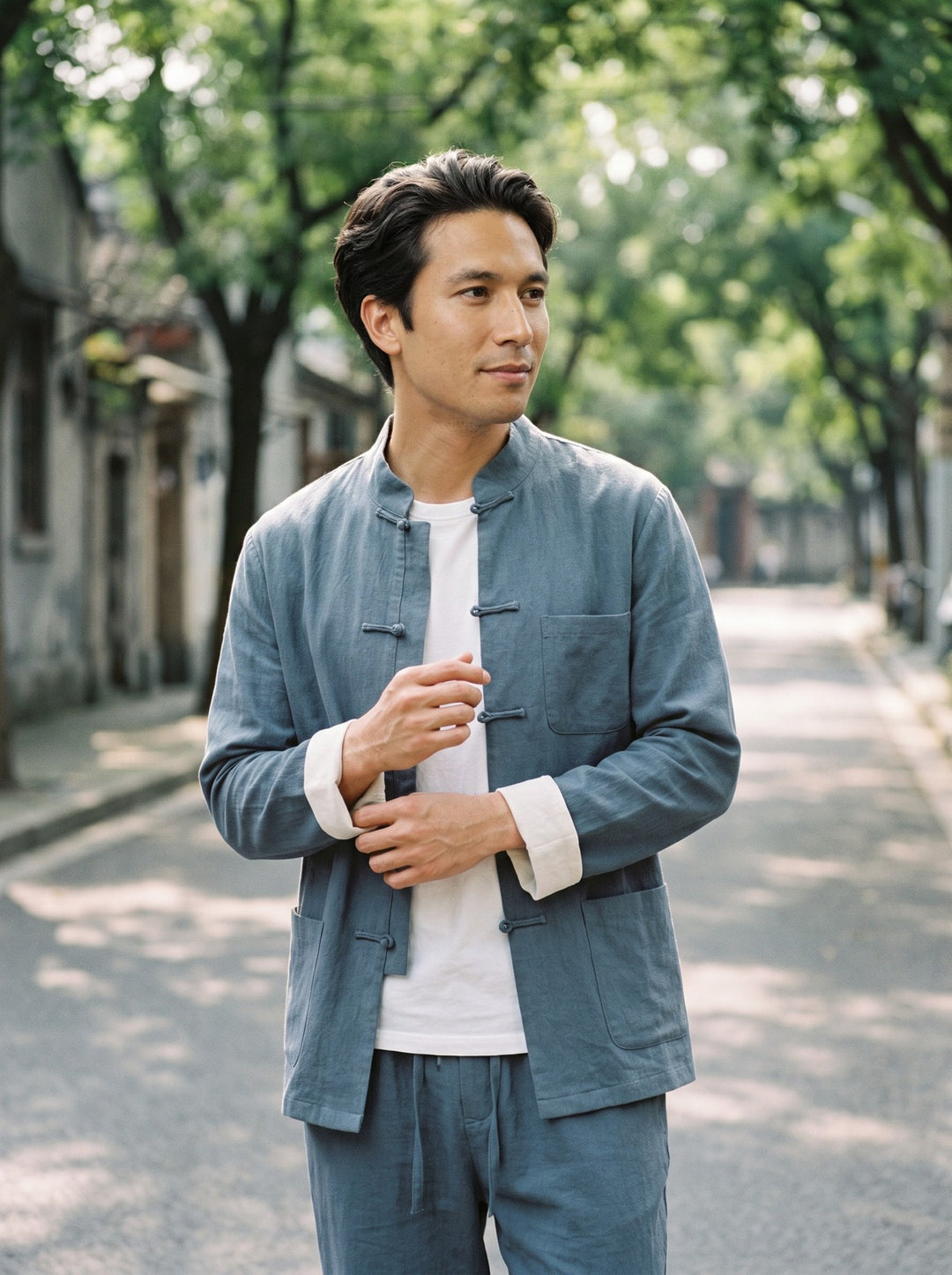 Pure Linen Tang Suit Two-Piece Set 纯亚麻唐装两件套 – model photo