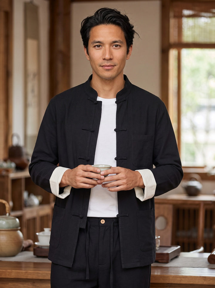 Pure Linen Tang Suit Two-Piece Set 纯亚麻唐装两件套 – model photo