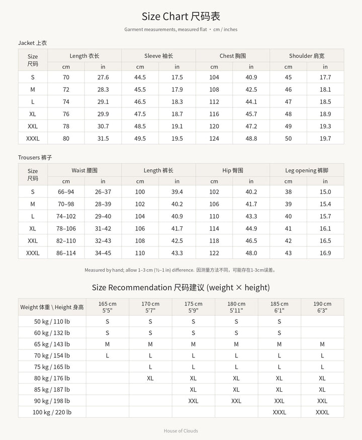 Pure Linen Tang Suit Two-Piece Set 纯亚麻唐装两件套 – size chart
