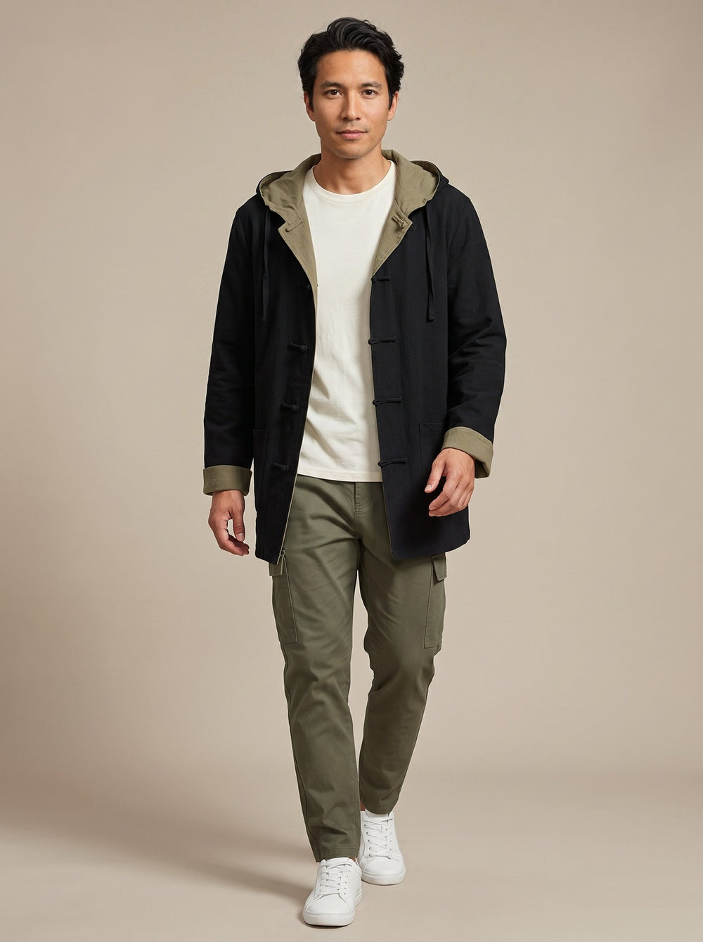 Reversible Hooded Ramie Long Jacket 双面穿连帽苎麻风衣 – model photo