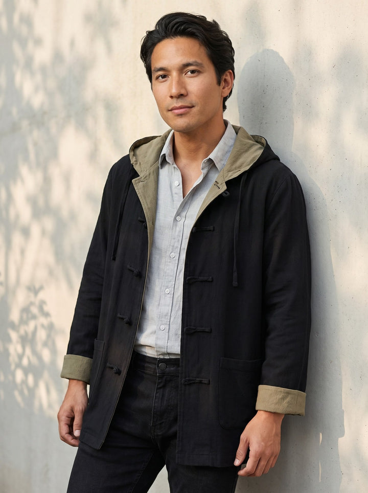 Reversible Hooded Ramie Long Jacket 双面穿连帽苎麻风衣 – model photo