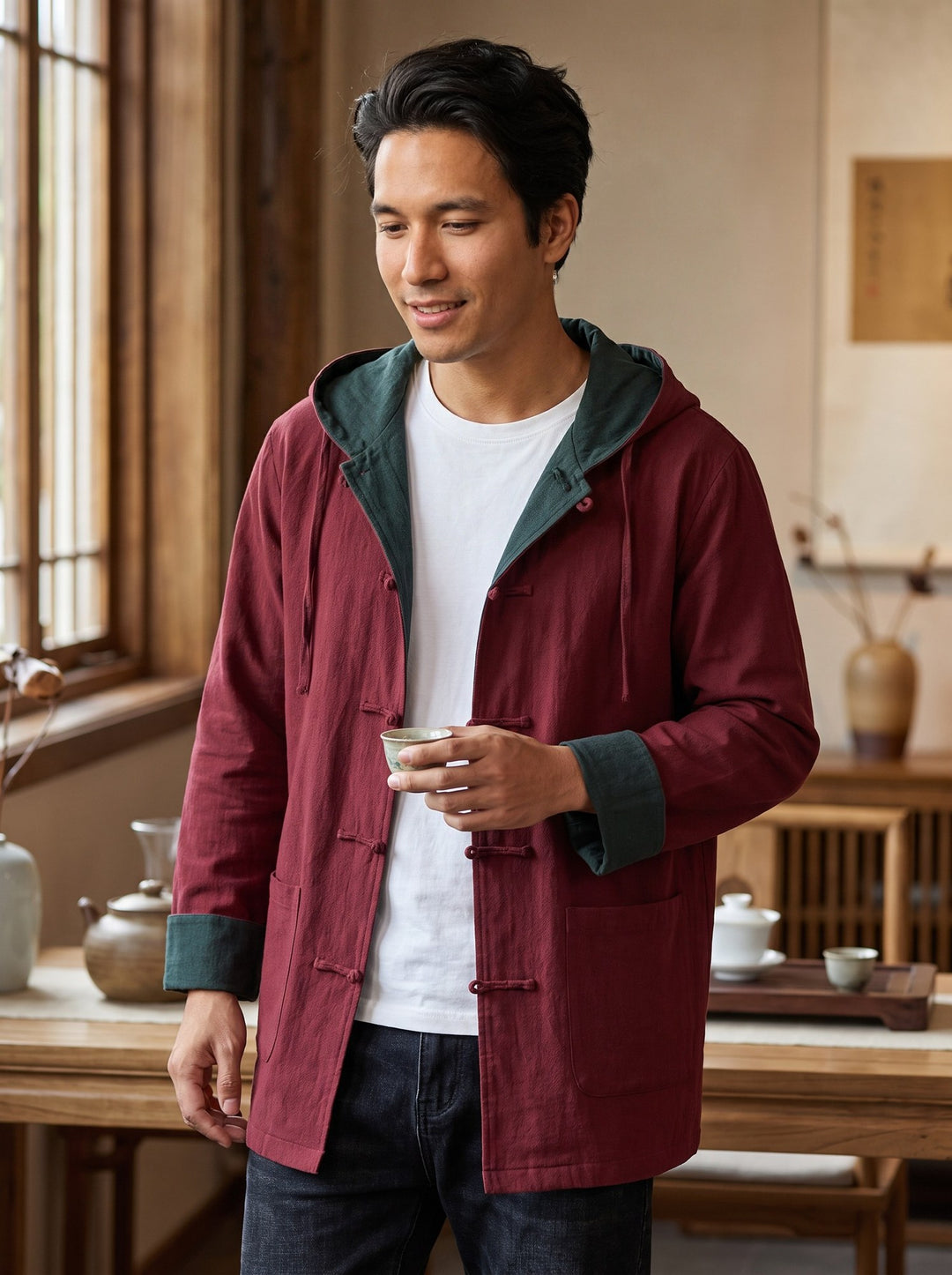 Reversible Hooded Ramie Long Jacket 双面穿连帽苎麻风衣 – model photo