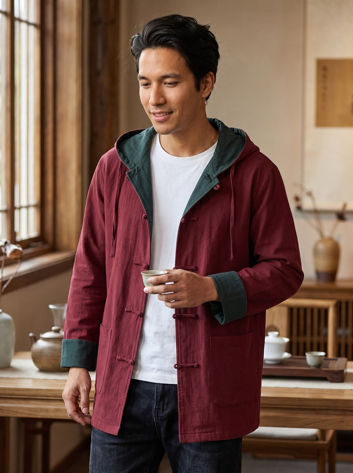 Reversible Hooded Ramie Long Jacket 双面穿连帽苎麻风衣 – model photo