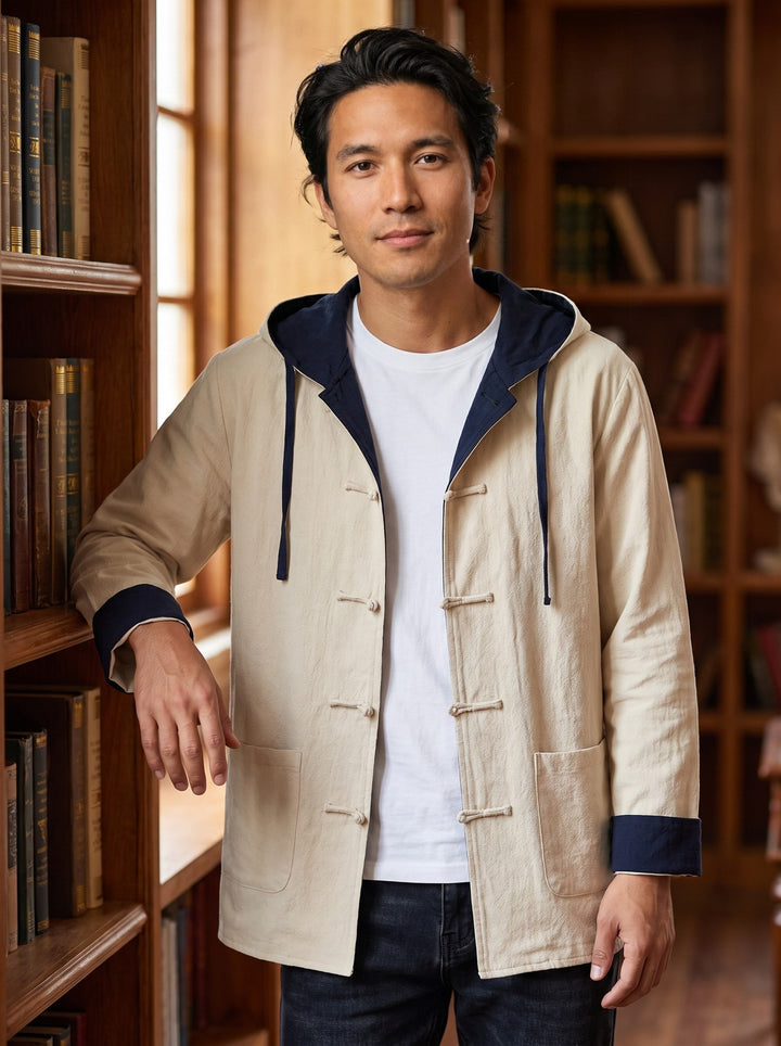 Reversible Hooded Ramie Long Jacket 双面穿连帽苎麻风衣 – model photo
