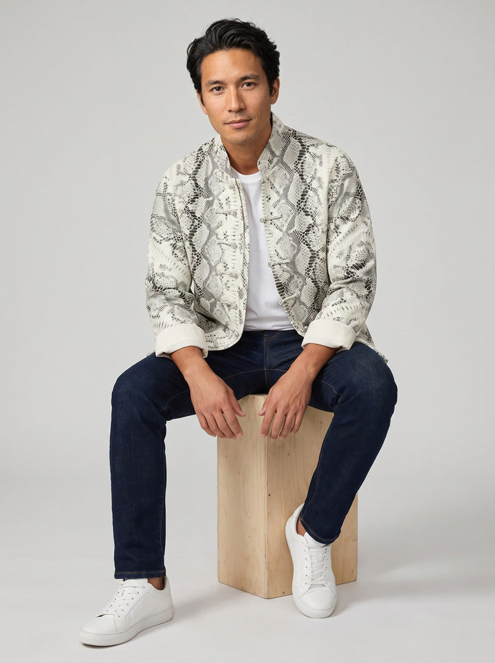 Snakeskin Print Tang Jacket 蛇皮纹唐装外套 – model photo
