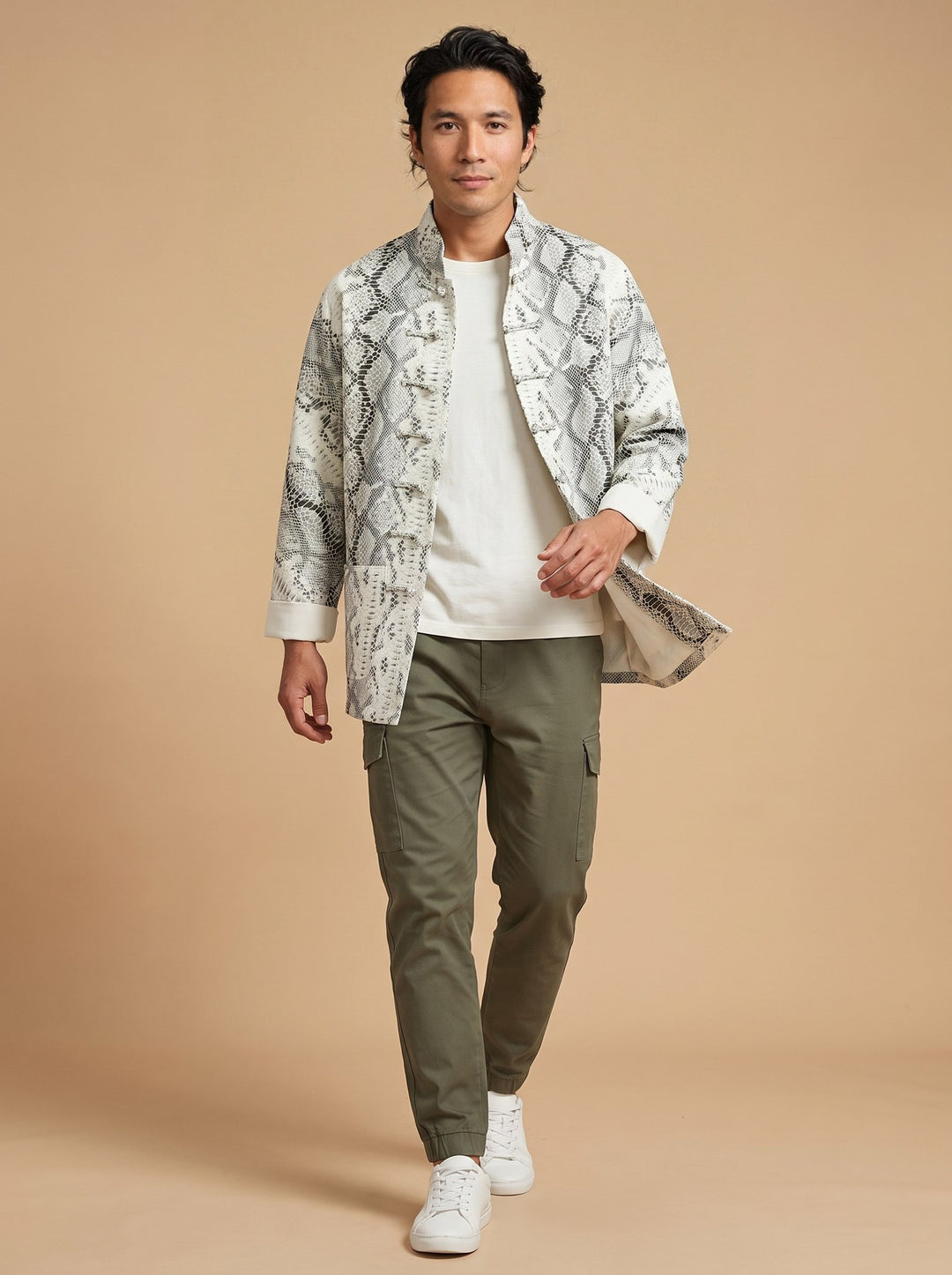 Snakeskin Print Tang Jacket 蛇皮纹唐装外套 – model photo