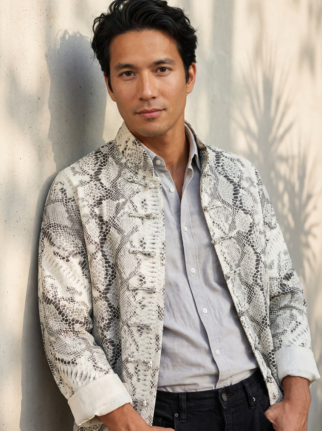Snakeskin Print Tang Jacket 蛇皮纹唐装外套 – model photo