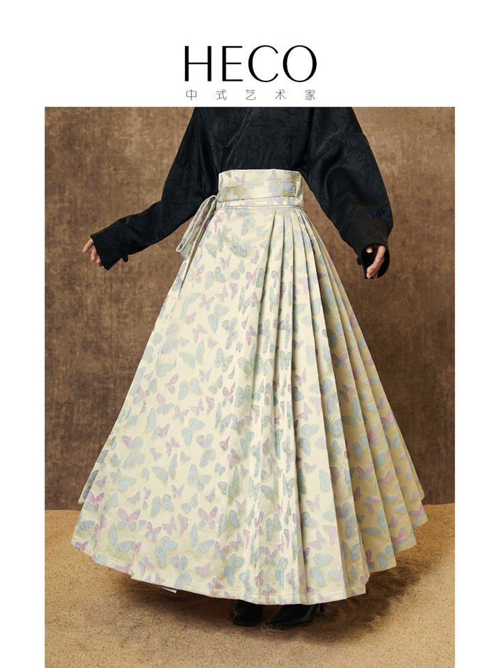 Butterfly Jacquard Long Mamian Skirt 紫恋蝶蝴蝶提花马面裙 - Yellow 黄色