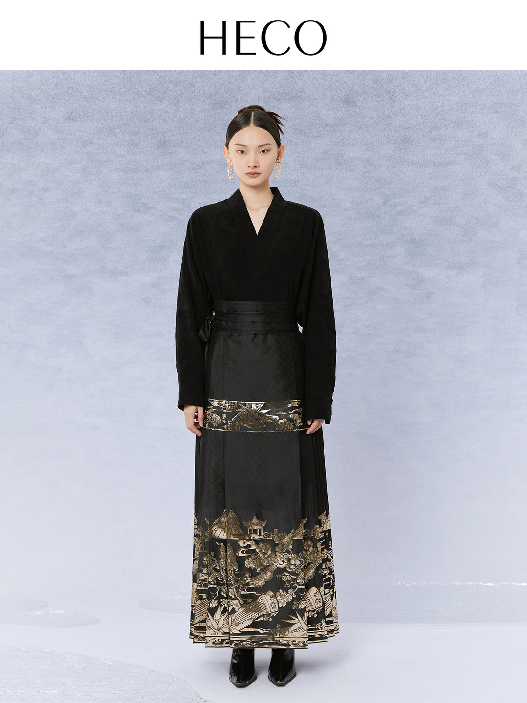 Boya Zither Jacquard Mamian Skirt 伯牙琴弦提花马面裙 - Black 黑色