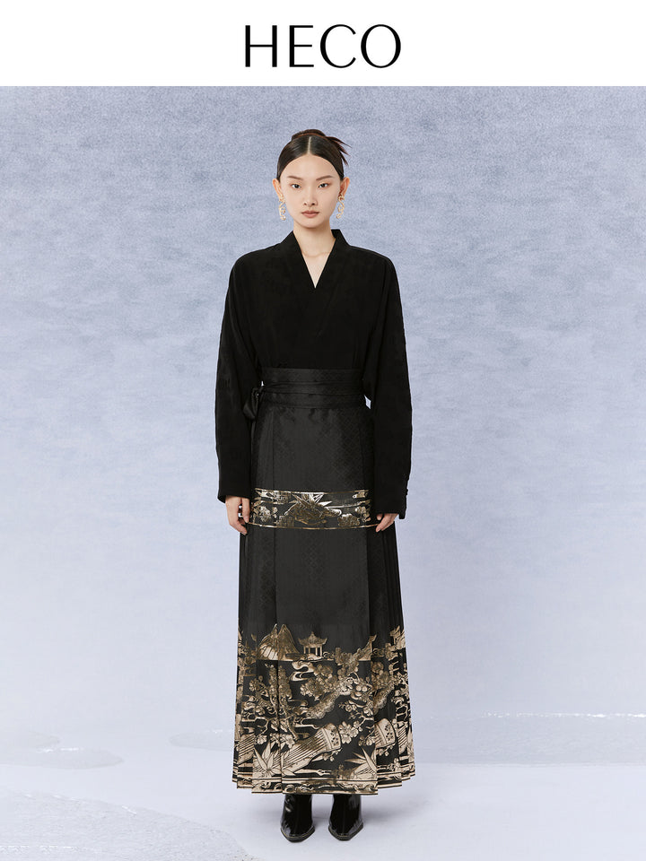 Boya Zither Jacquard Mamian Skirt 伯牙琴弦提花马面裙 - Black 黑色