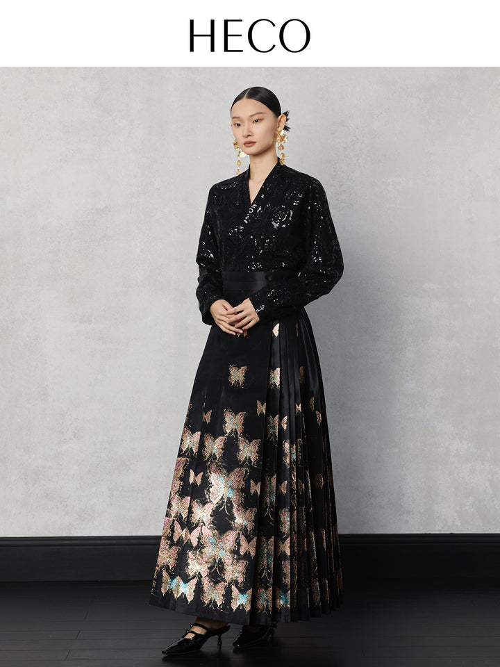 Gold-Foil Butterfly Mamian Skirt 箔金蝶舞织金马面裙 - Black Multi-Gold 黑彩金