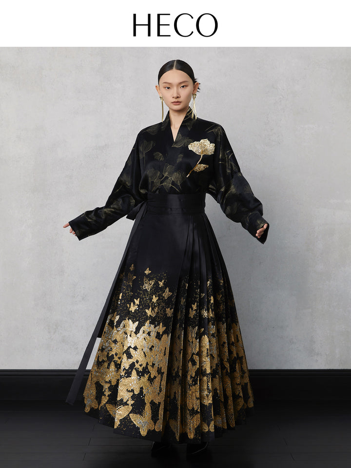 Golden Butterfly Jacquard Mamian Skirt 福迭蝴蝶提花马面裙 - Black 黑色