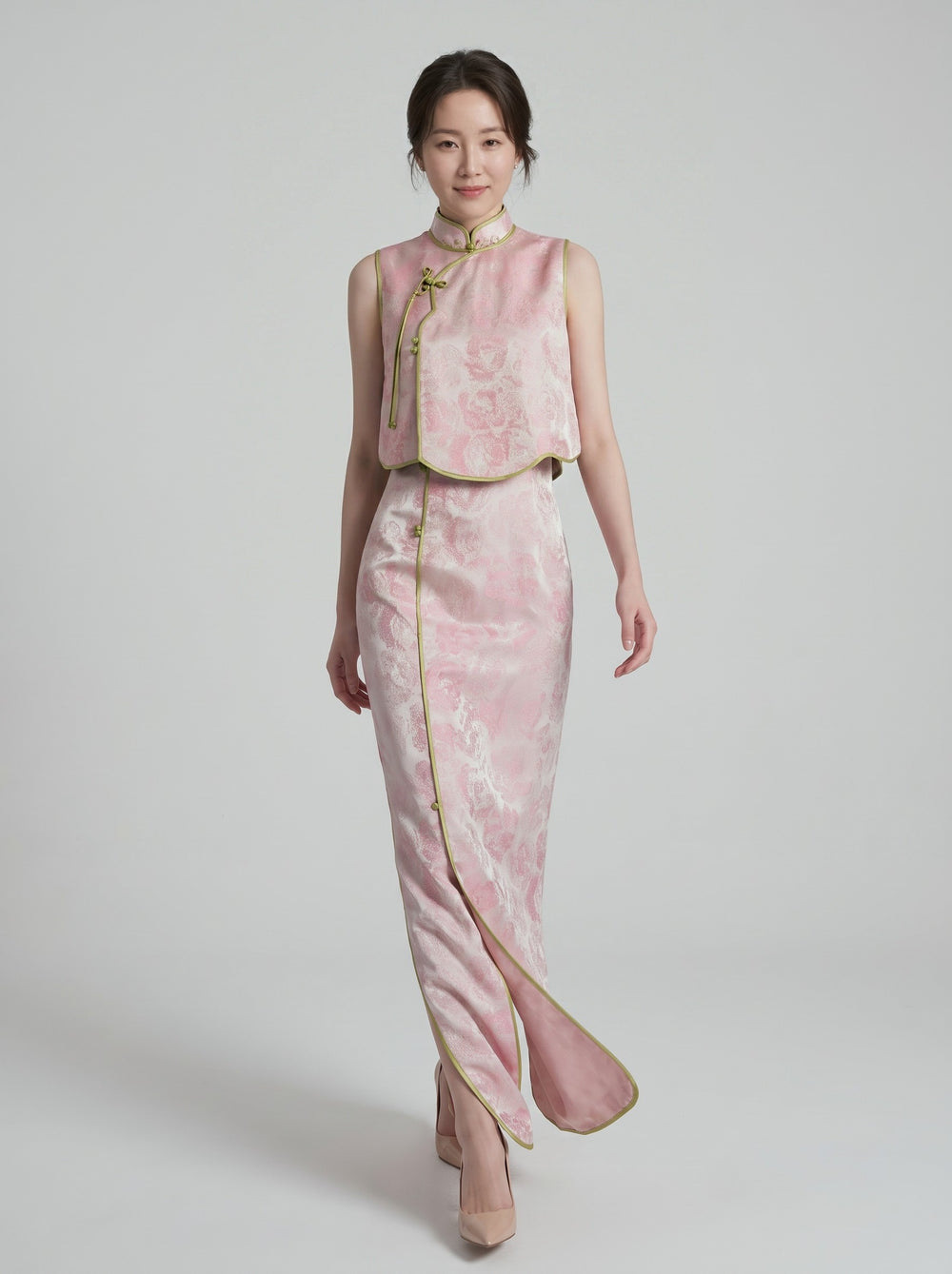 Pink Jacquard Qipao Two-Piece Set 粉色新中式改良旗袍套装 – walking