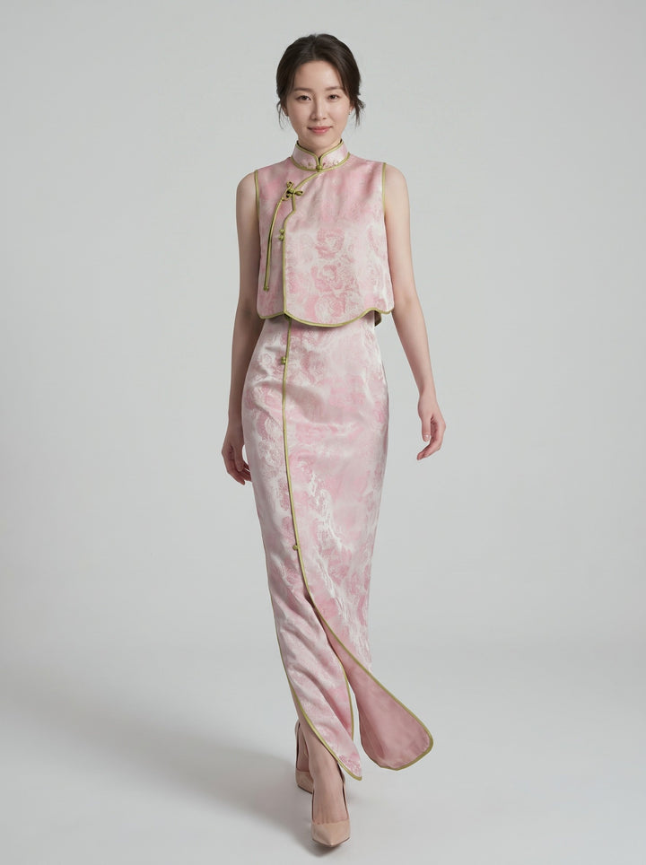 Pink Jacquard Qipao Two-Piece Set 粉色新中式改良旗袍套装 – walking