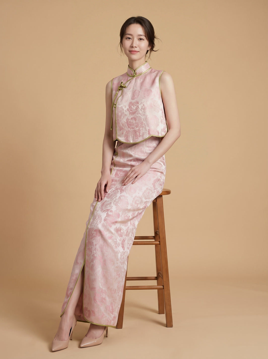 Pink Jacquard Qipao Two-Piece Set 粉色新中式改良旗袍套装 – seated on stool