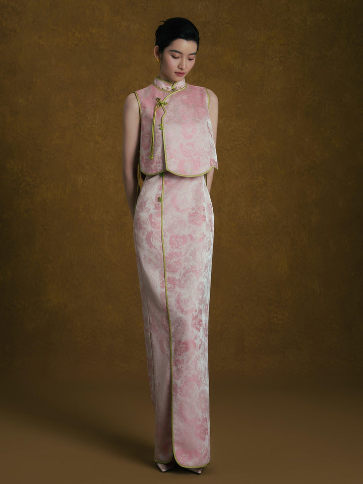Pink Jacquard Qipao Two-Piece Set 粉色新中式改良旗袍套装 – front view