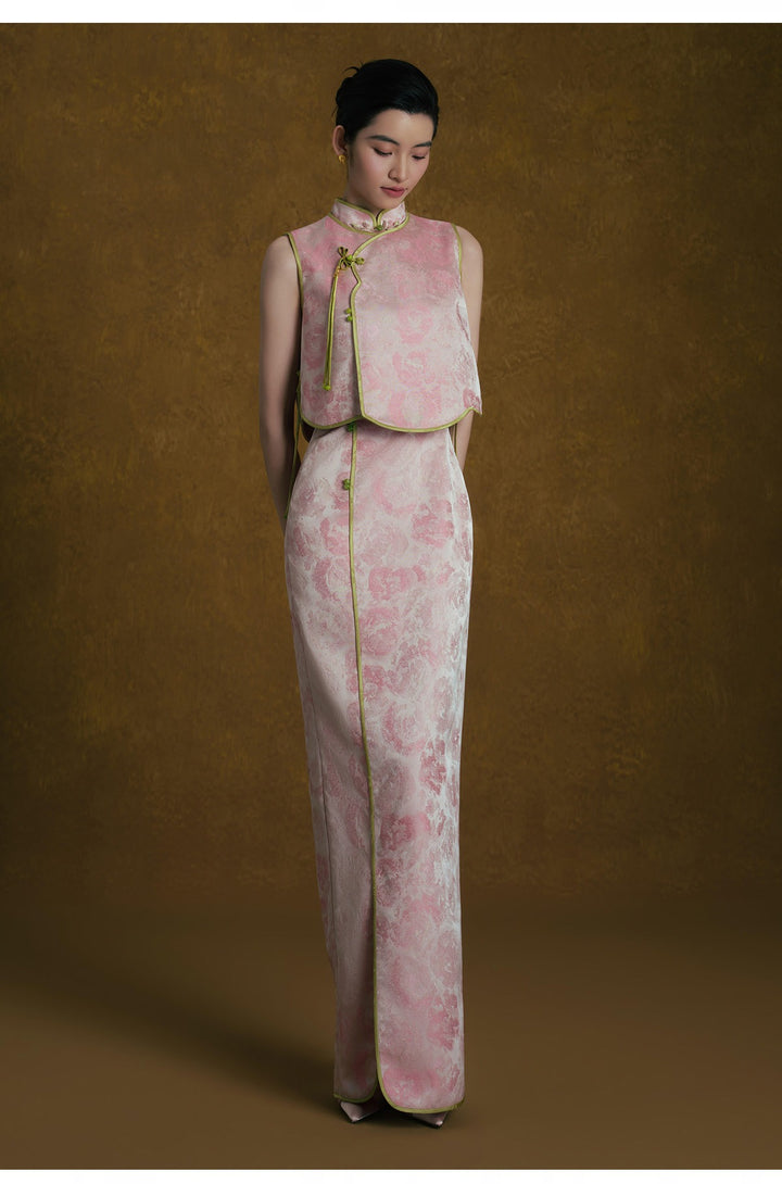 Pink Jacquard Qipao Two-Piece Set 粉色新中式改良旗袍套装 – full length