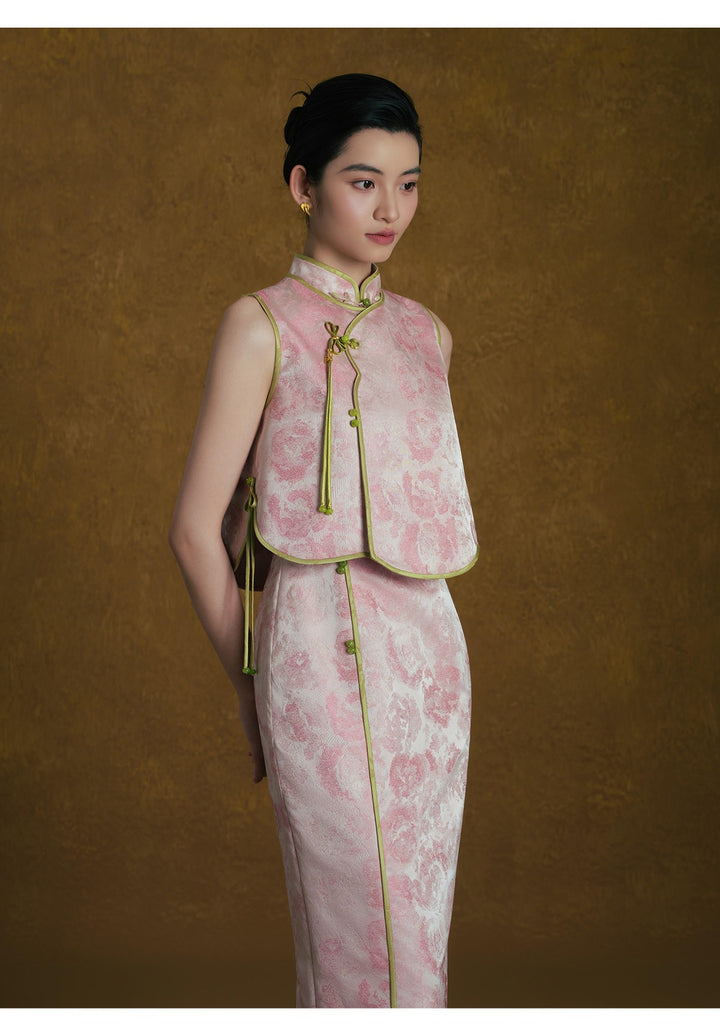 Pink Jacquard Qipao Two-Piece Set 粉色新中式改良旗袍套装 – set three-quarter
