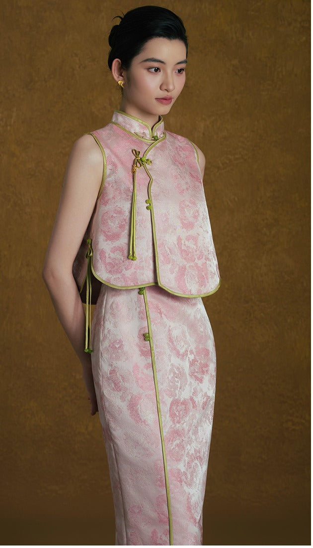 Pink Jacquard Qipao Two-Piece Set 粉色新中式改良旗袍套装 – layered top and dress