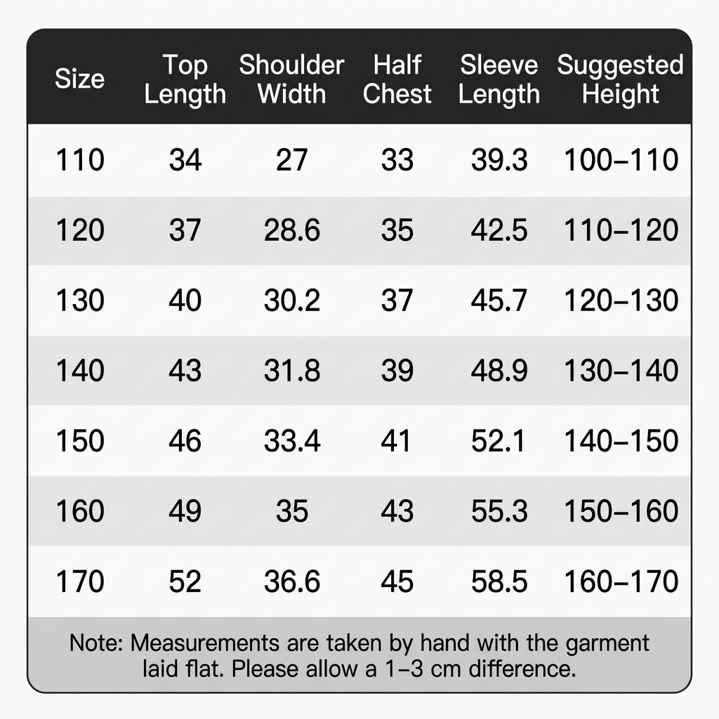 Size chart in English