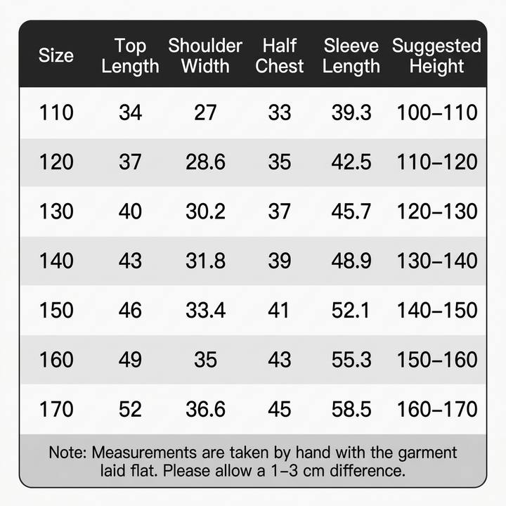 Size chart in English