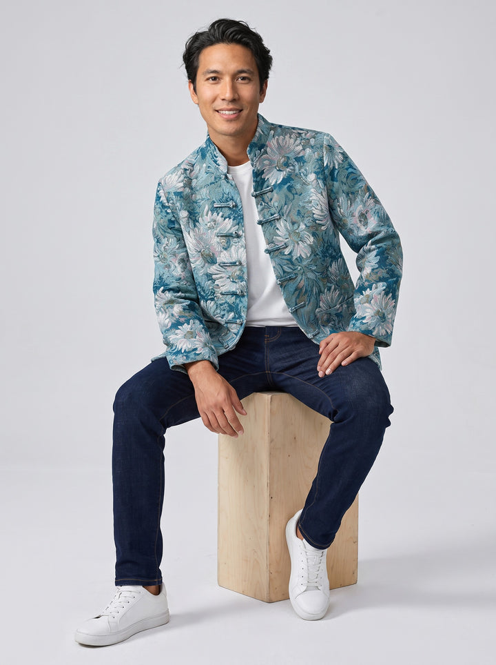 Van Gogh Impression Tang jacket 梵高水墨画唐装 – men's model seated, frog-button closure