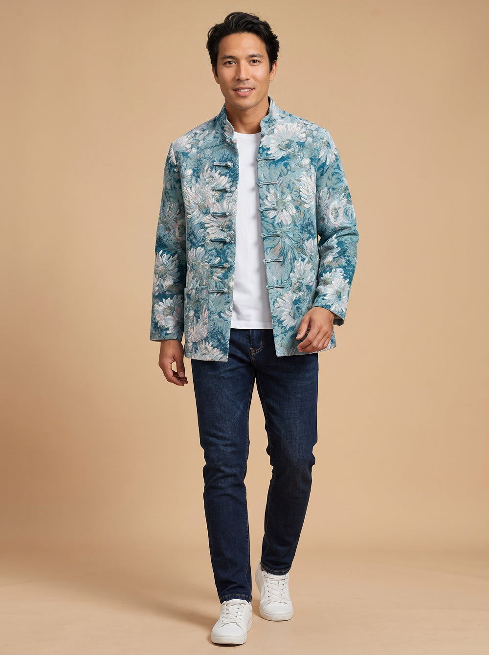 Van Gogh Impression Tang jacket 梵高水墨画唐装 – worn open over a white tee, walking