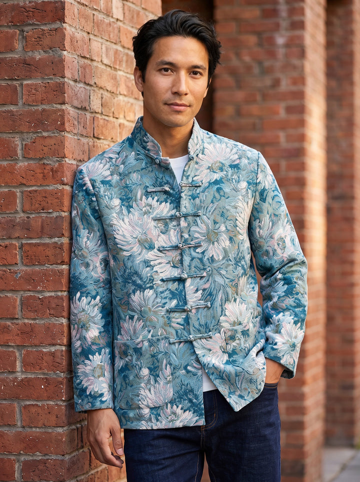 Van Gogh Impression Tang jacket 梵高水墨画唐装 – full jacket length, buttoned, against a brick wall