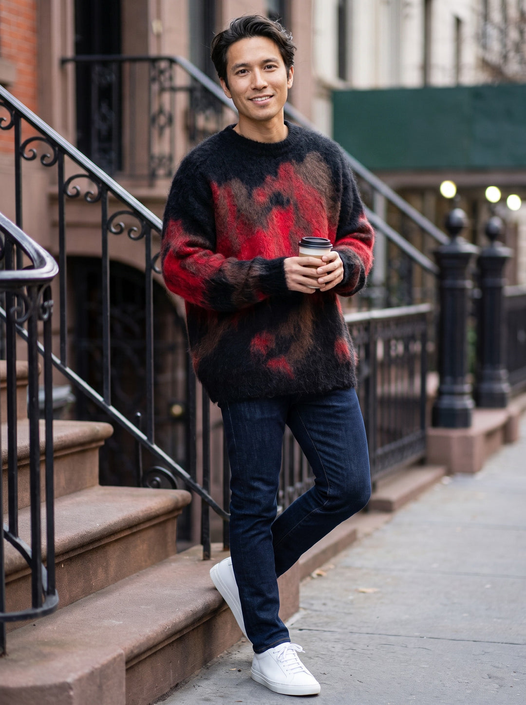 Xu Beihong Galloping Horse Family Sweater 徐悲鸿联名大展鸿图毛衣 – adult Black 成人款-河豚黑 on a New York stoop