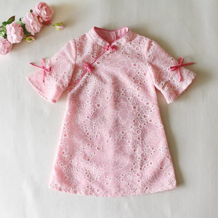 EYELET PINK ROSE CHEONGSAM DRESS