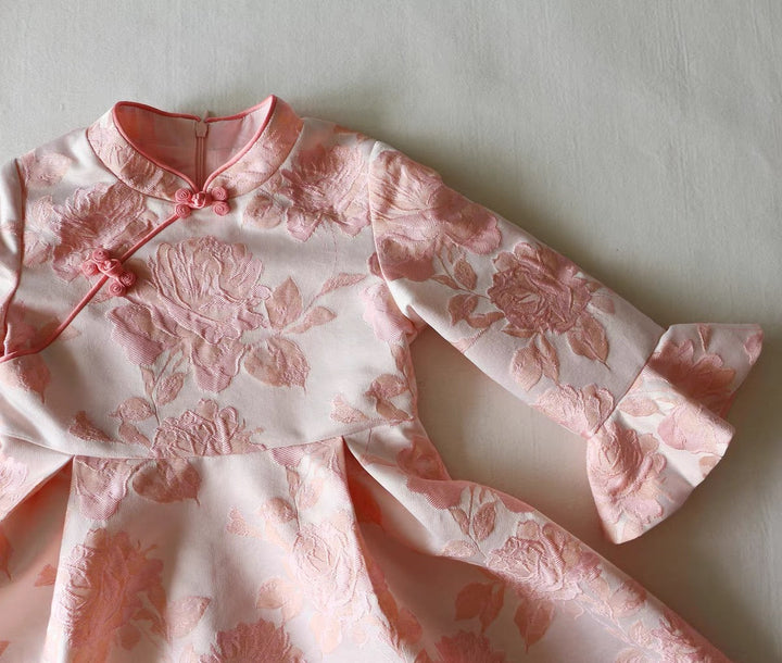RUFFLE SLEEVE PRINCESS DRESS WITH EMBOSSED ROSE PRINT