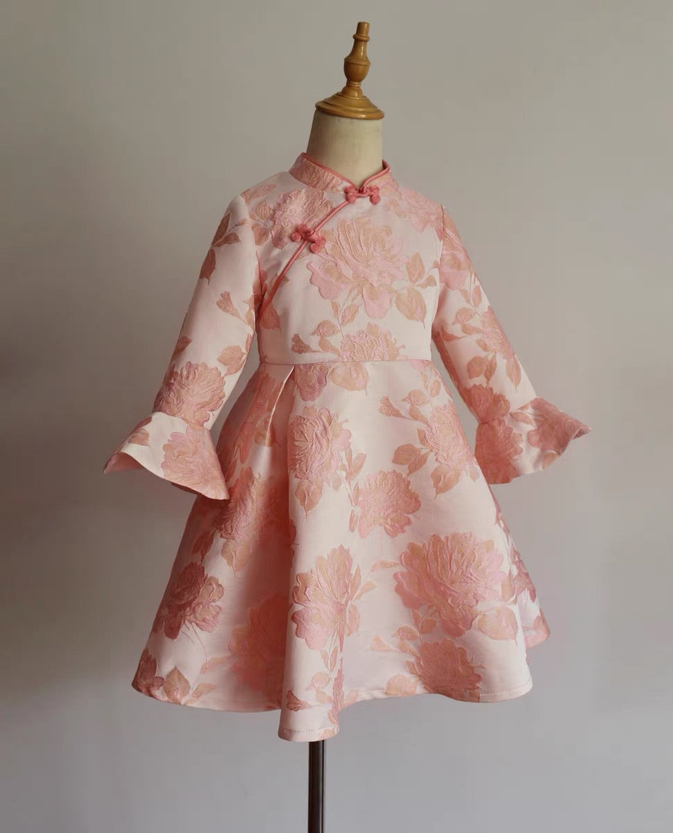 RUFFLE SLEEVE PRINCESS DRESS WITH EMBOSSED ROSE PRINT