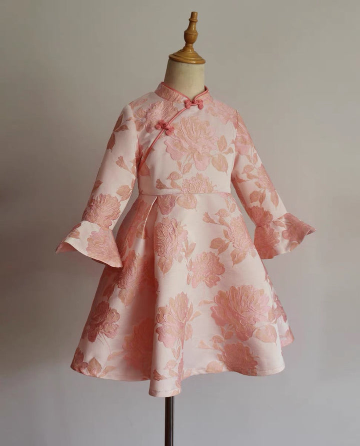 RUFFLE SLEEVE PRINCESS DRESS WITH EMBOSSED ROSE PRINT