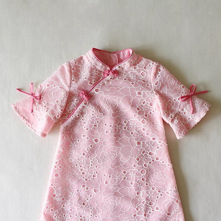 EYELET PINK ROSE CHEONGSAM DRESS