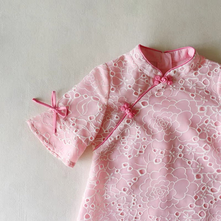EYELET PINK ROSE CHEONGSAM DRESS