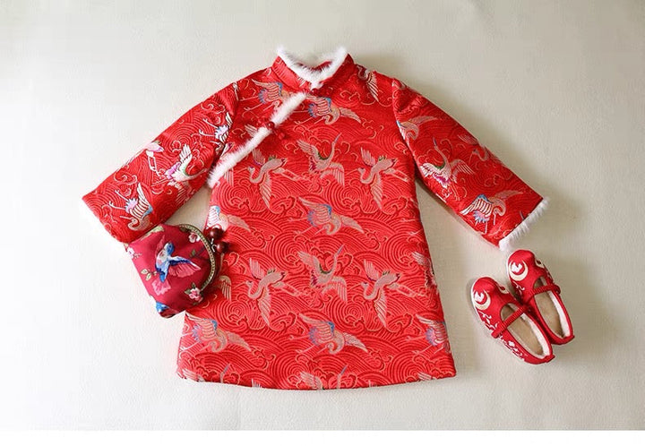 PADDED CHEONGSAM TUNIC WITH FAUX FUR COLLAR