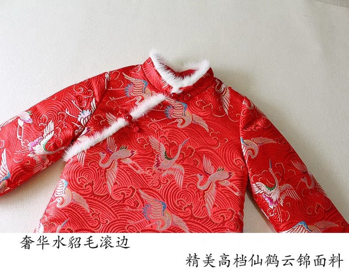 PADDED CHEONGSAM TUNIC WITH FAUX FUR COLLAR